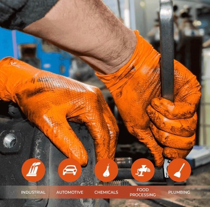 First Glove Grip Orange Nitrile Disposable Gloves 8 Mil Raised Diamond Texture