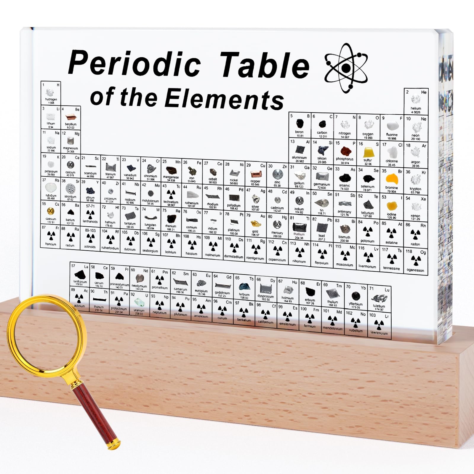 Periodic Table W/ 83 Real Elements Samples Wooden Stand Magnifying Glass 6 X 4″