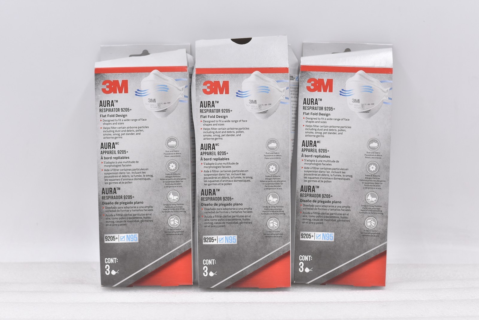 Lot of 3 3M Aura Respirator 9205+ Disposable White Masks – 3 Count