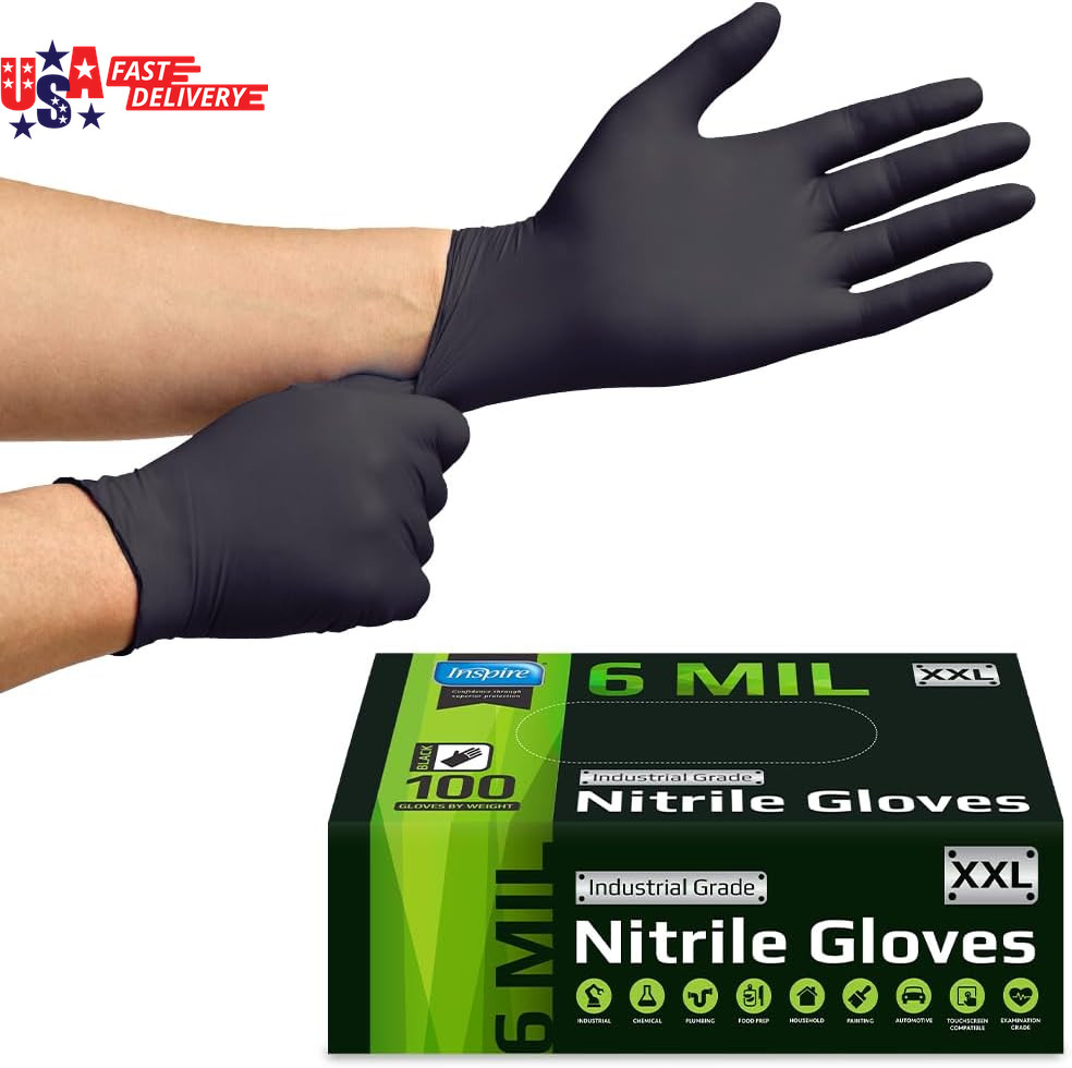 Black Nitrile Gloves HEAVY DUTY 6 Mil Nitrile Chemical Resistant Medical Cooking
