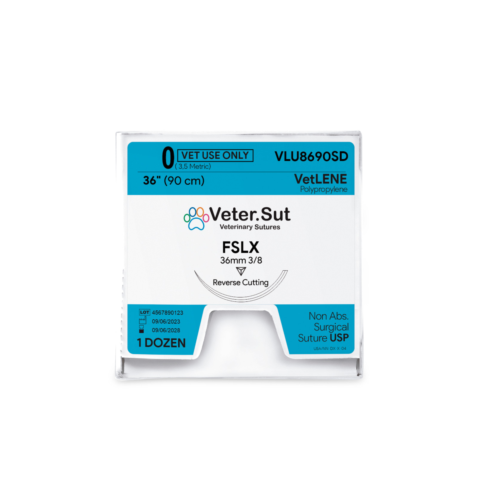 Vetersut VetLENE Polypropylene, USP 0, 3/8 36mm, FSLX, 12 Count Suture