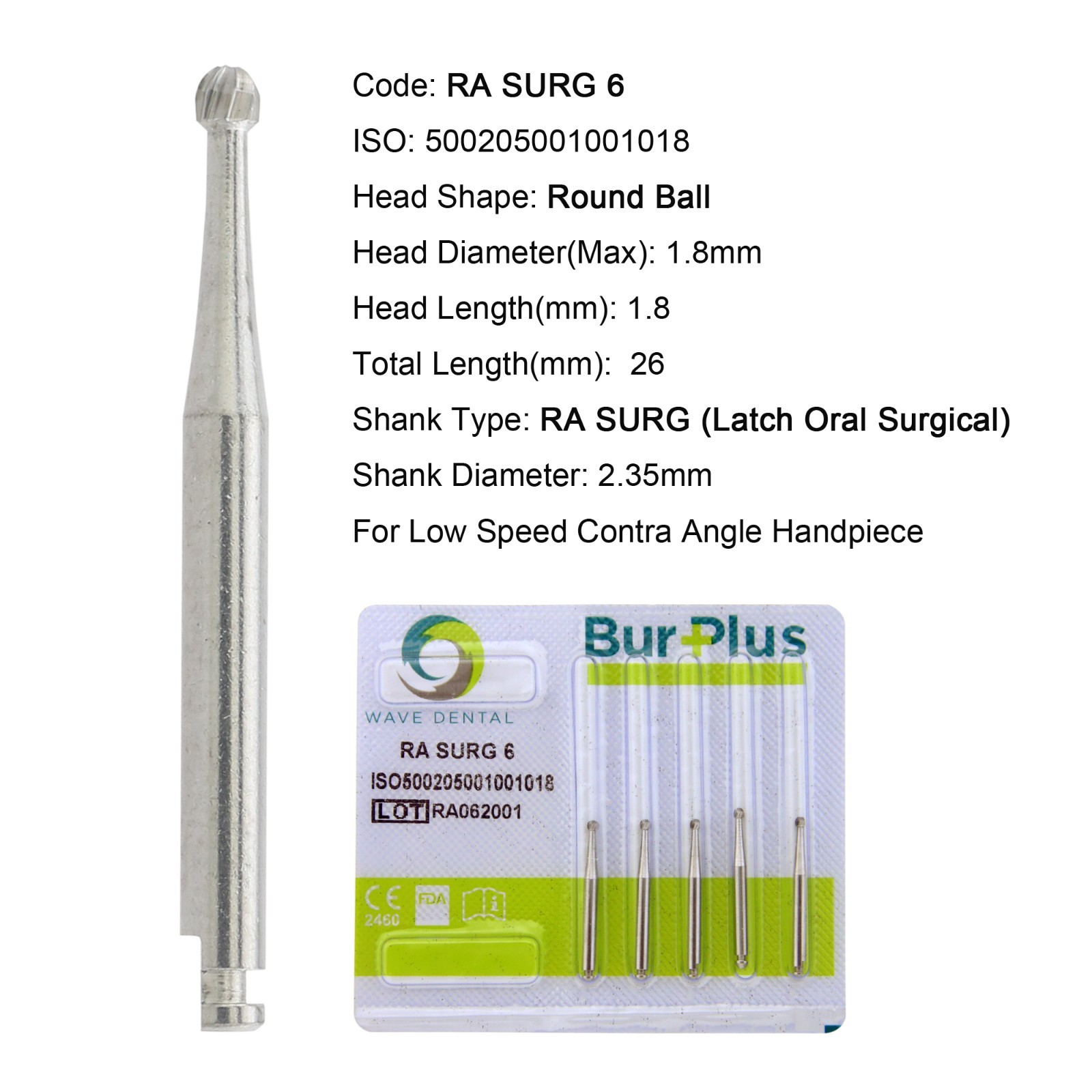 WAVE Dental Carbide Burs Latch Round Surgical 26mm RA SURG 22mm RA 4 2 5 6 8