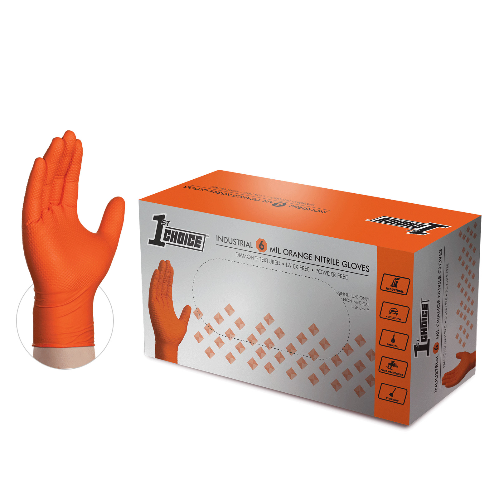 1st Choice Premium Orange Nitrile Disposable Gloves, 6 Mil, Box of 100
