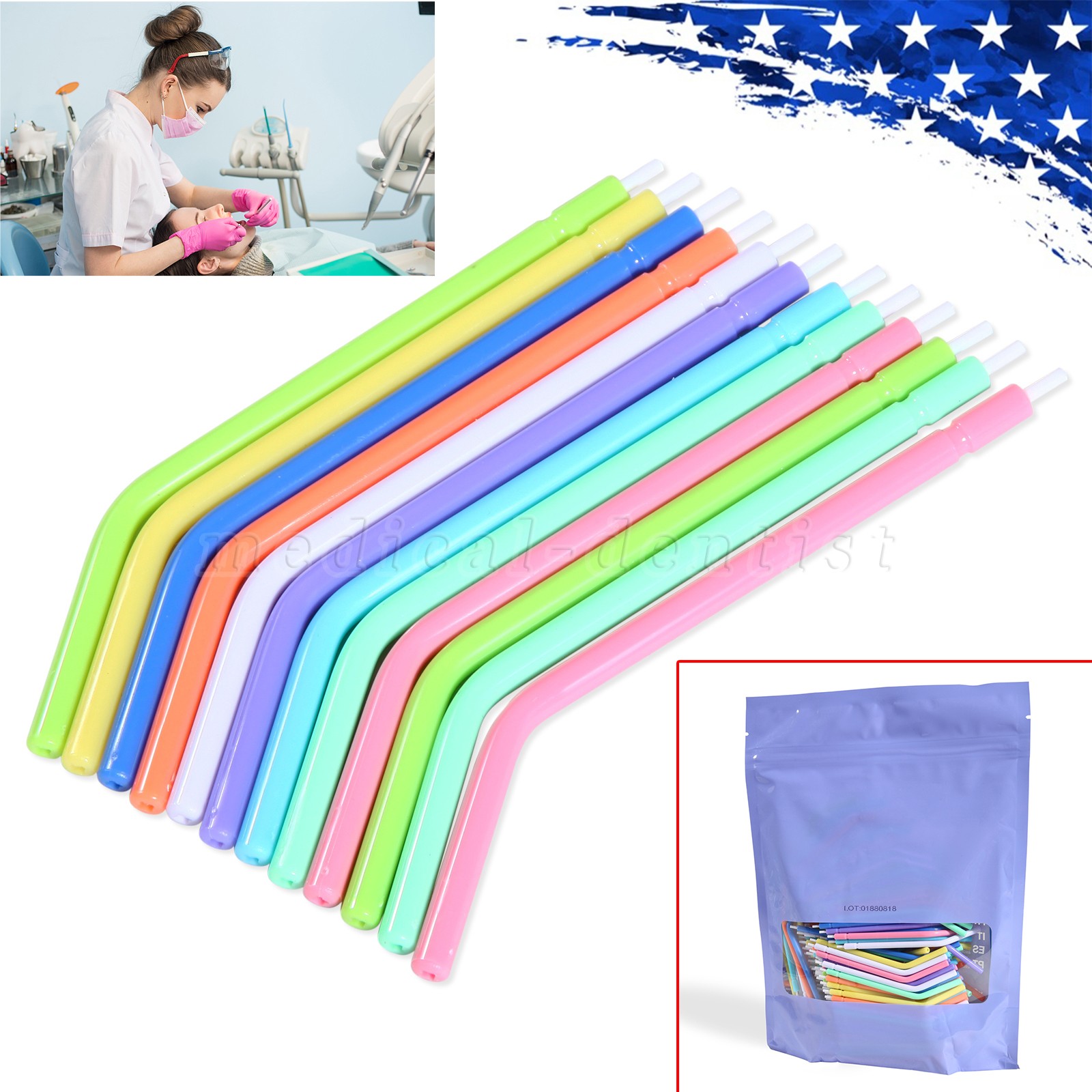 250 Pcs Dental Disposable Air Water Syringe Tips-White Inner Rainbow Outer Tube