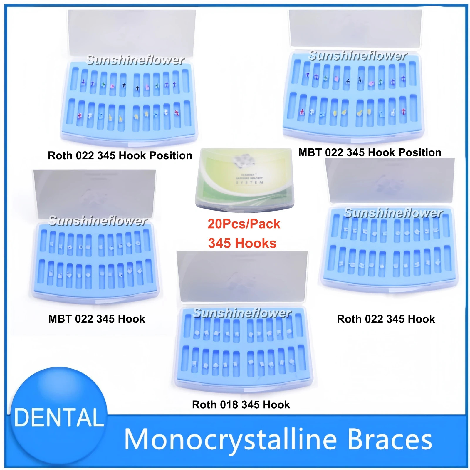 Dental Orthodontic Monocrystalline Braces Sapphire Bracket MBT Roth 022 345 Hook