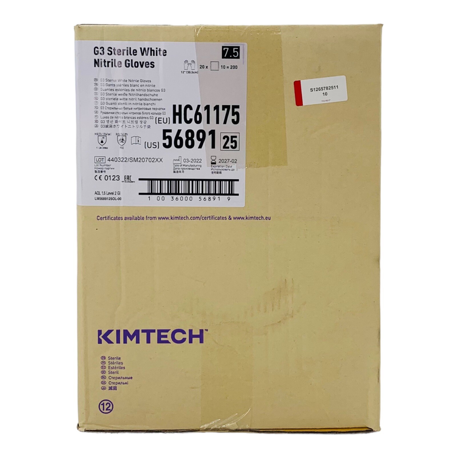 200 Pair Nitrile Gloves White Sterile Kimtech G3, 12”, 6 Mil, Size 7.5, Exp2027