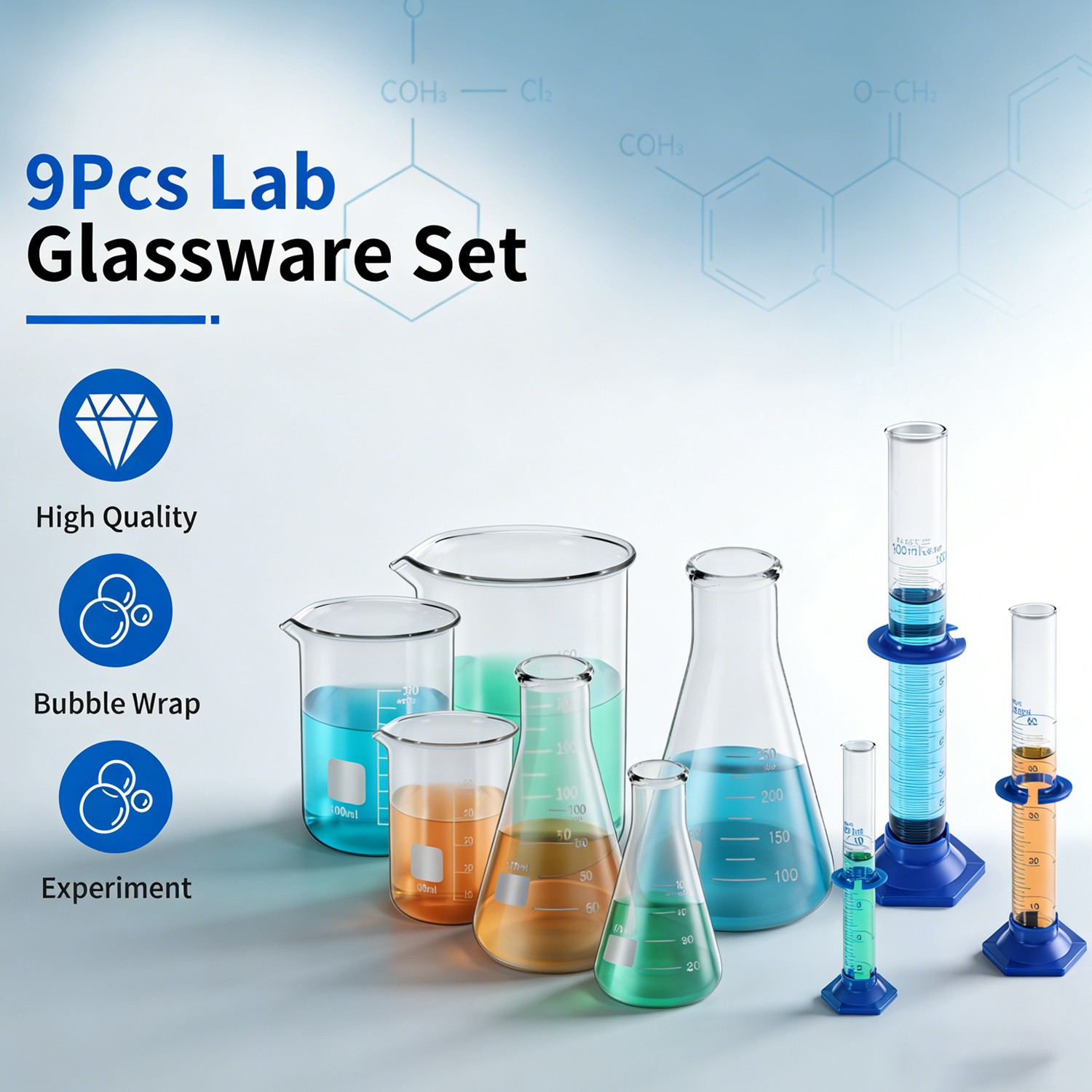 Lab Glassware Set, 9 Pieces – 3 Measuring Beakers, 3 Flasks, 3 Graduated Cylinde