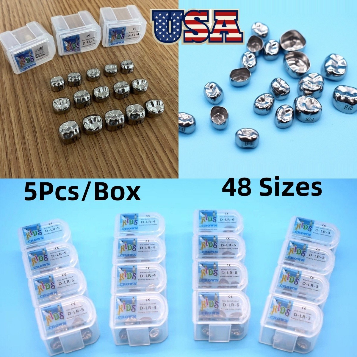 Dental Kids Crown stainless steel Primary Molar Pediatric Crowns Kit 48Sizes USA