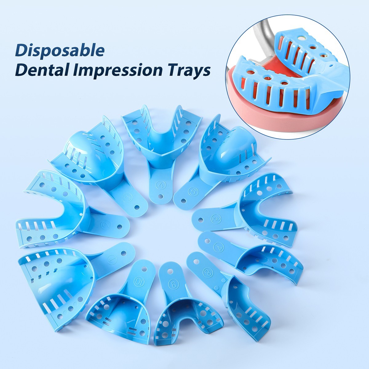 Bag of 12 Dental Impression Trays Plastic Perforated S/M/L Upper/Lower