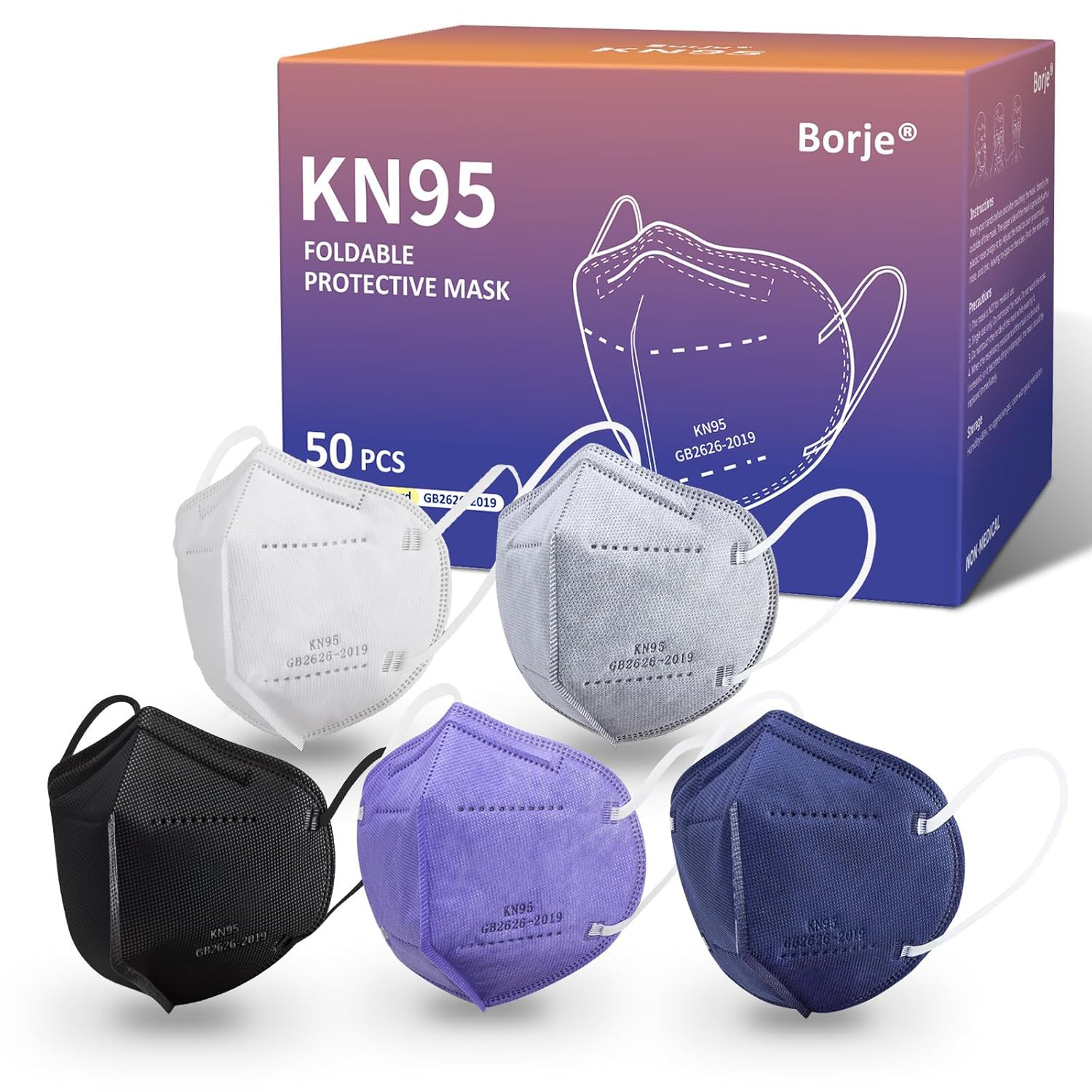 Borje KN95 Face Masks 50 Pcs, 5-Ply Protection Multicolor KN95 Mask, Disposable