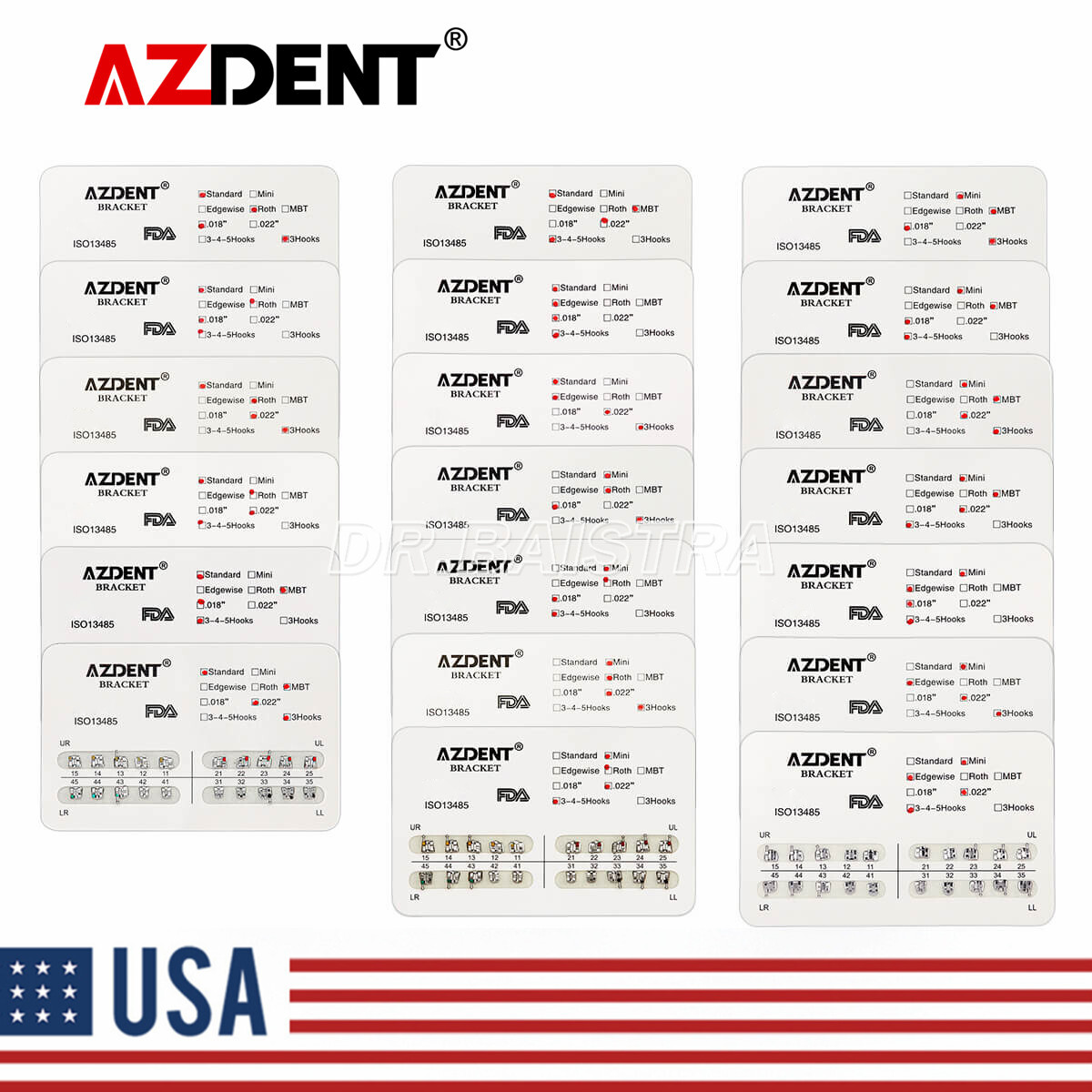 AZDENT Orthodontic Dental Brackets Roth MBT.022/.018 Hooks/Niti Round Arch Wire