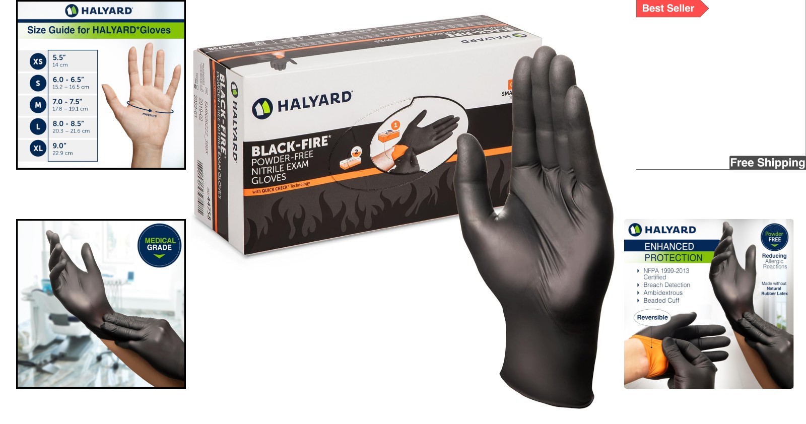 Halyard 5.5 Mil Black/Orange Nitrile Gloves – Waterproof, Disposable, 150 Count