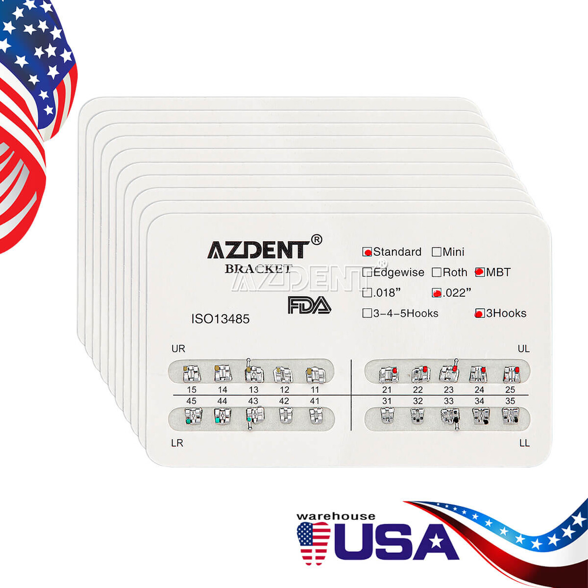 AZDENT Dental Orthodontic Metal Brackets Braces Standard MBT.022 Hooks 345 USA