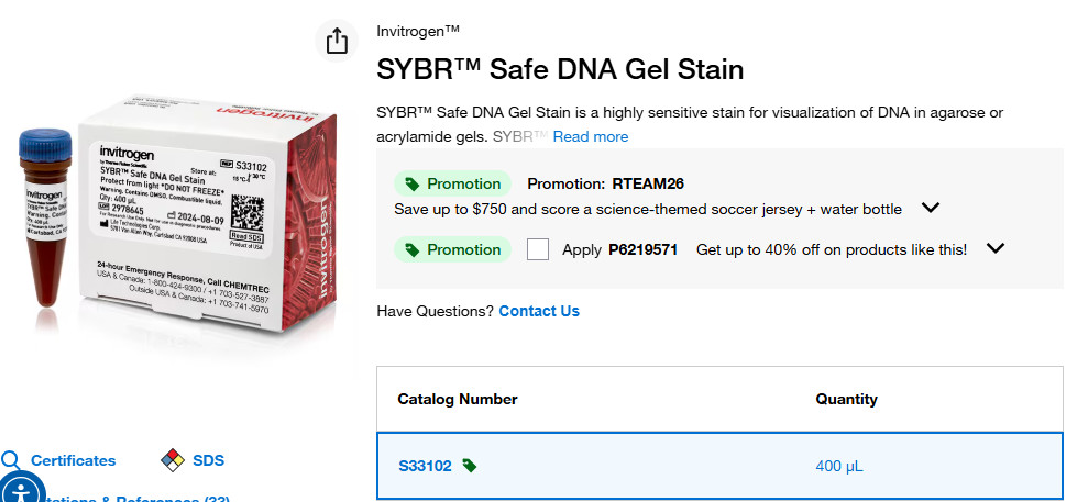 SYBR™ Safe DNA Gel Stain, 400 ul of 10,000X concentrate, S33102, Invitrogen™