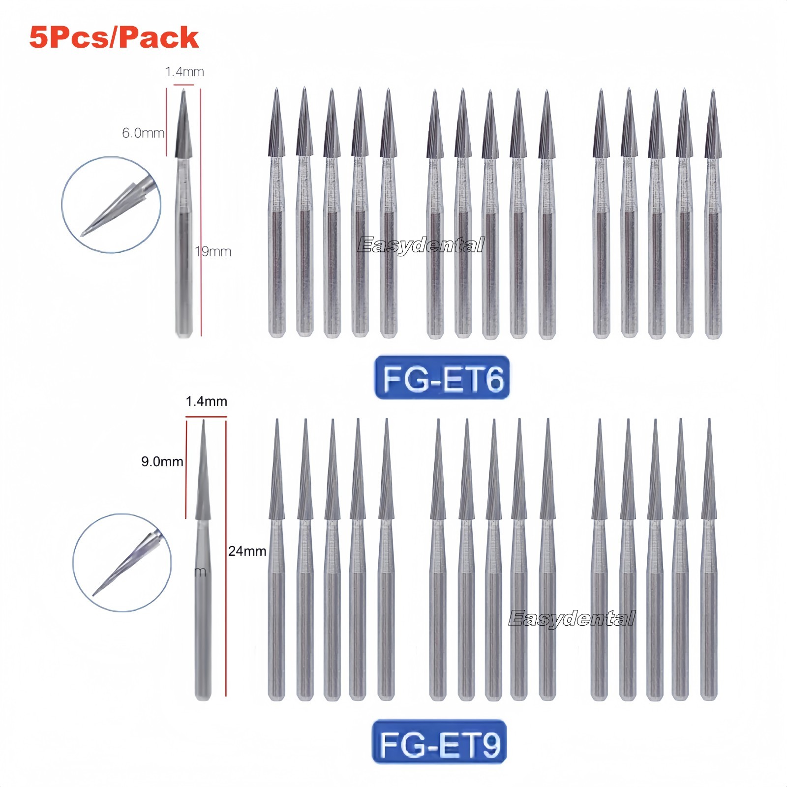 5 Pcs/Pack Dental Carbide Burs FG Finishing Polishing Safe End Taper ET6 ET9