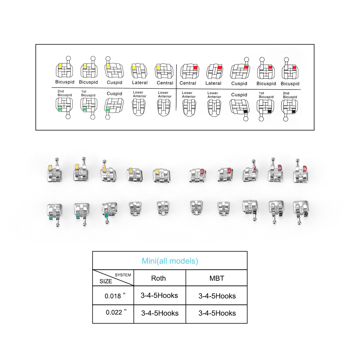 AZDENT Dental Orthodontic MIM Monoblock Brackets Braces Mini Roth/MBT Hooks 345