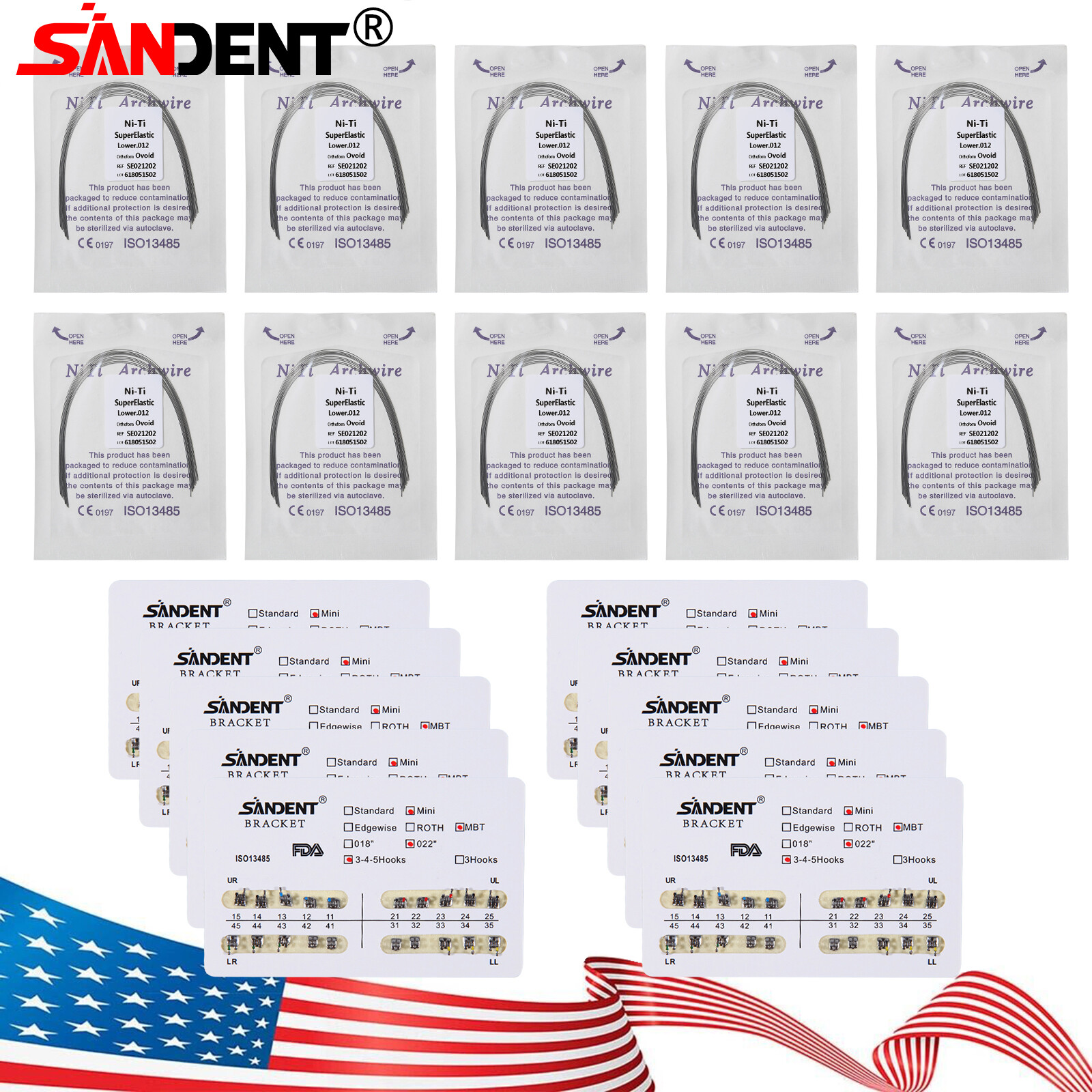 10 packs Dental Ortho Arch Wires Roth/MBT 3/345Hooks Metal Bracket Braces