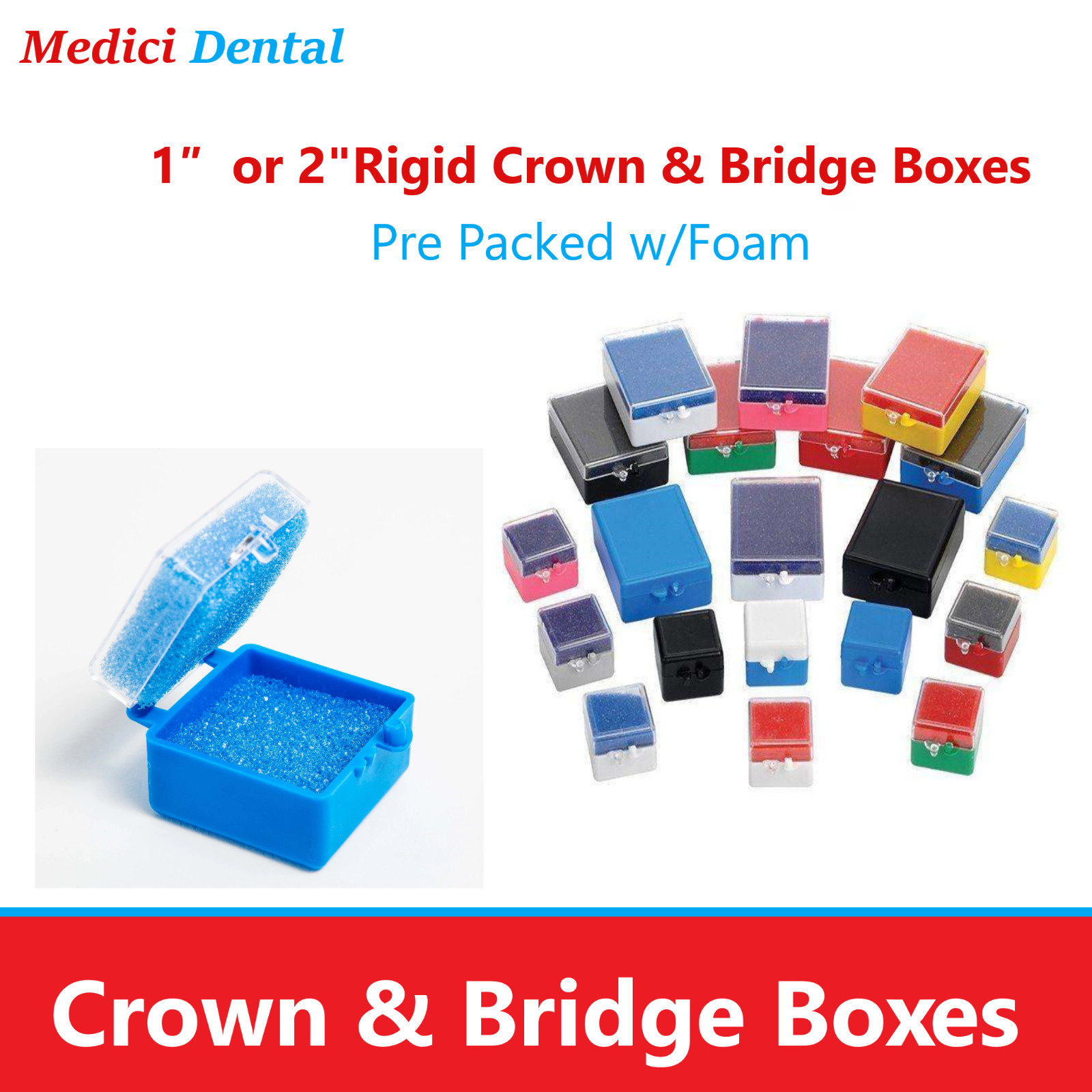 Dental Lab Rigid Crown Box 1″ or 2″ Box Pre Packed w/Foam, Clear Top Blue/White
