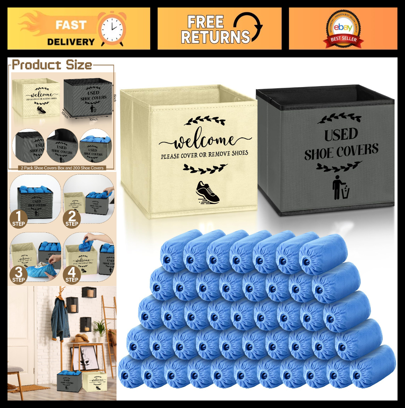 200 Pcs Disposable Shoe Covers with Storage Box – Foldable Booties for Indoor Us