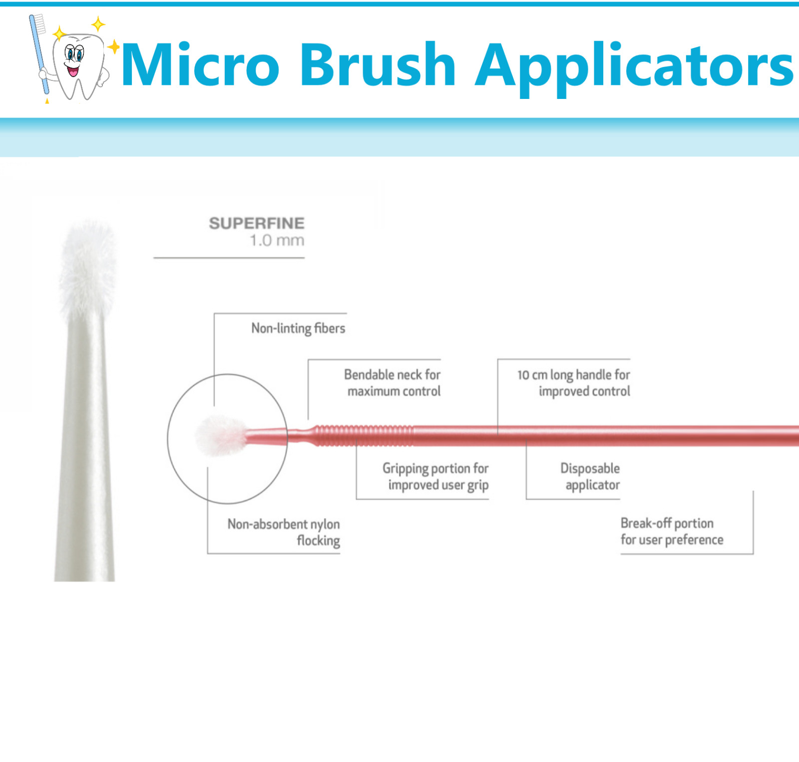 Dental Microbrush Micro Brush Applicator Tips 1.0mm Super Fine, White, 400/Pk