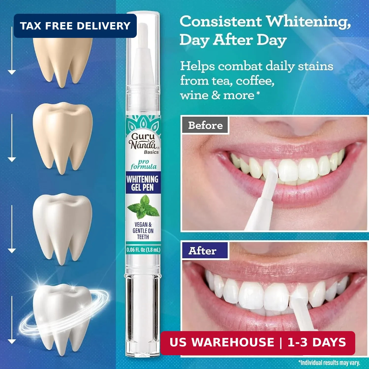 GuruNanda Teeth Whitening Pen,(0.06 fl oz)-20 Uses, Vegan & Gentle on Teeth Pro