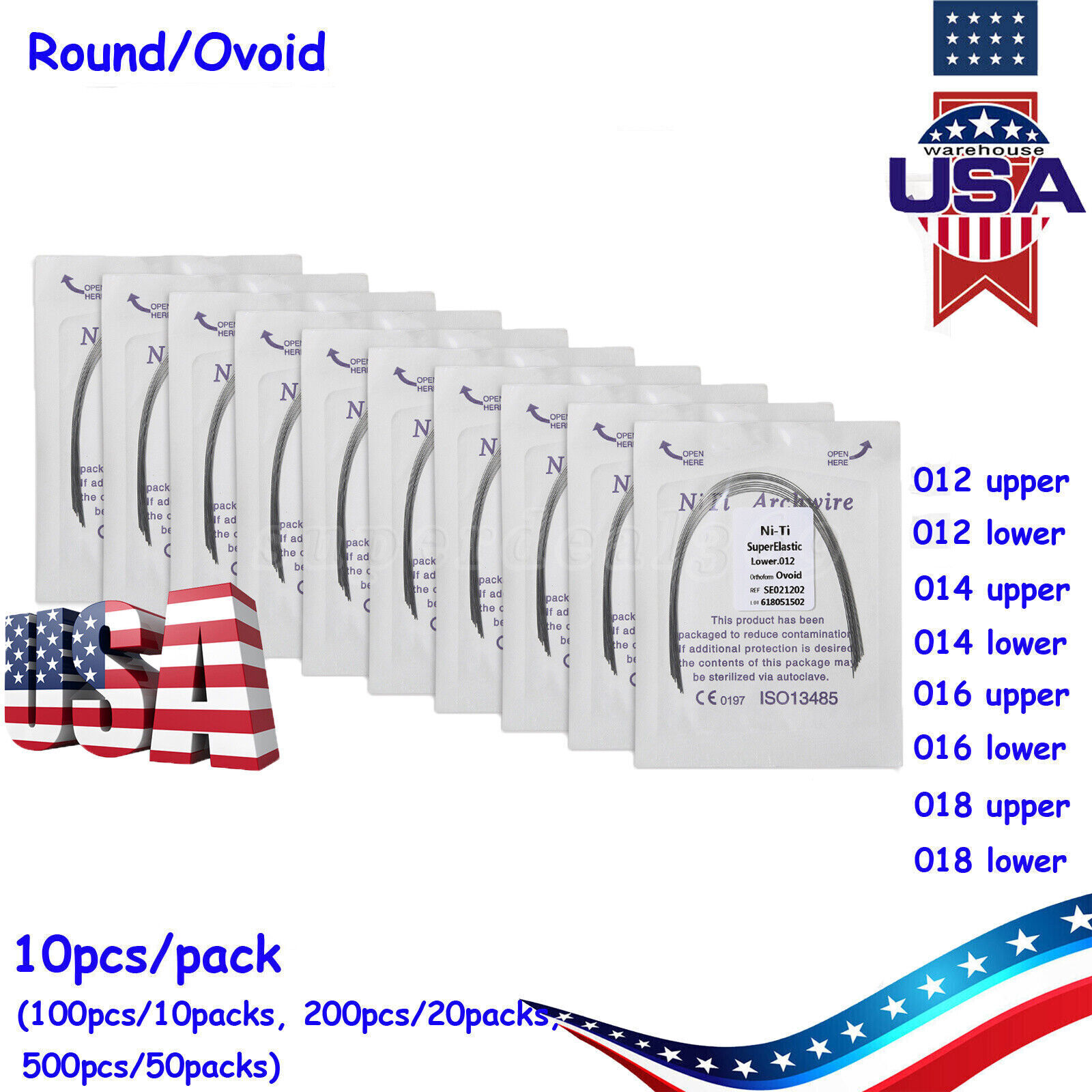Dental Ortho Super Elastic Niti Round Arch Wire Ovoid 012-020 Upper / Lower all