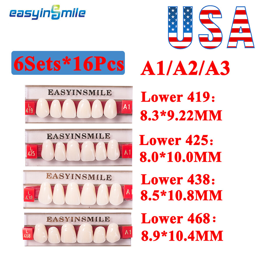 Dental Acrylic Resin Tooth Denture False Teeth Upper Anterior Lower 6Set*16Pc