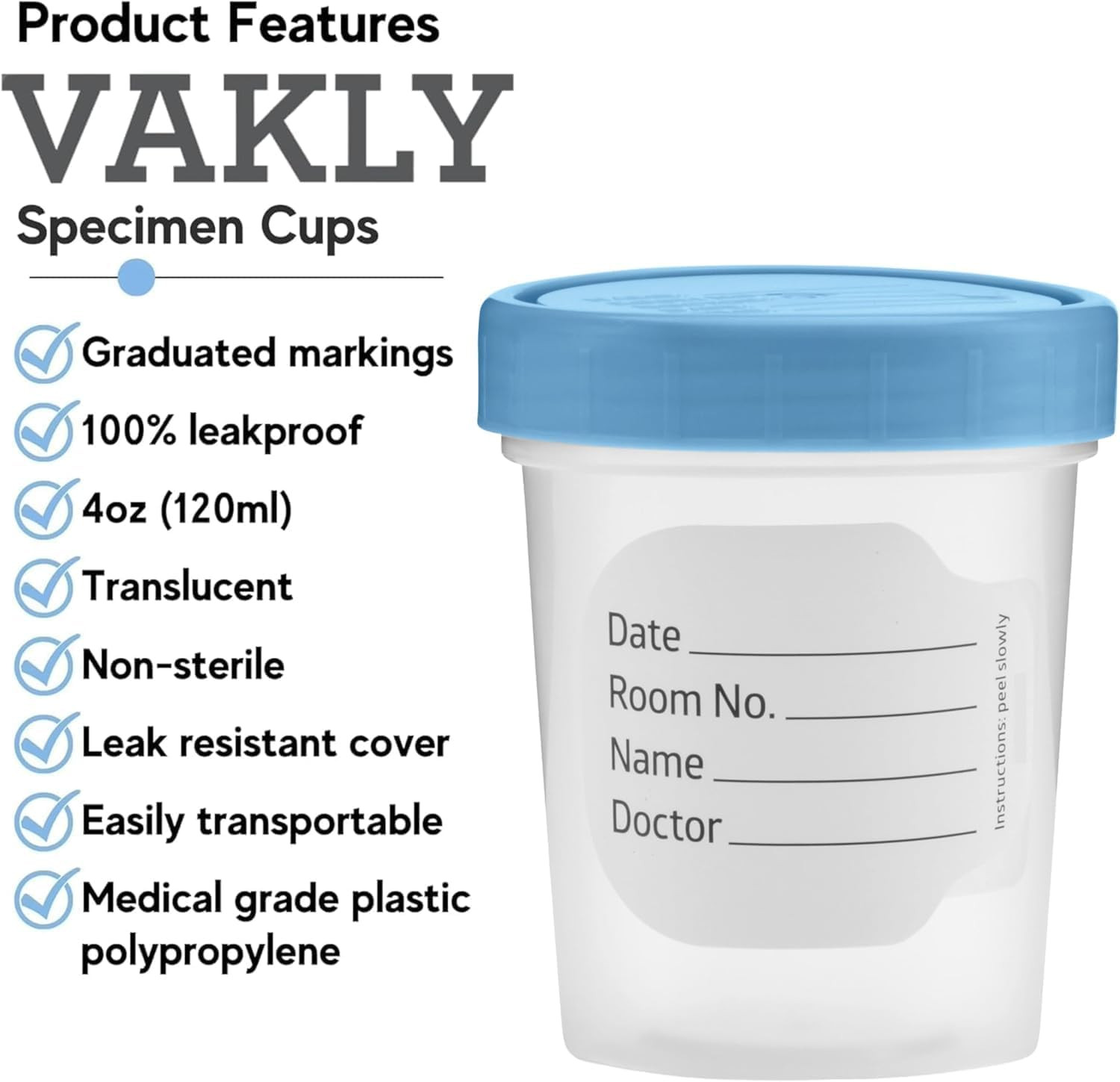 Vakly Specimen Cups with Screw-On Lids 4 Oz – Clear Non-Sterile Urine Sample