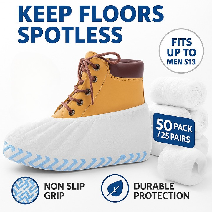 X-Large Shoe Covers Disposable Non Slip Booties 50 Pack White Fits Up to Men 13