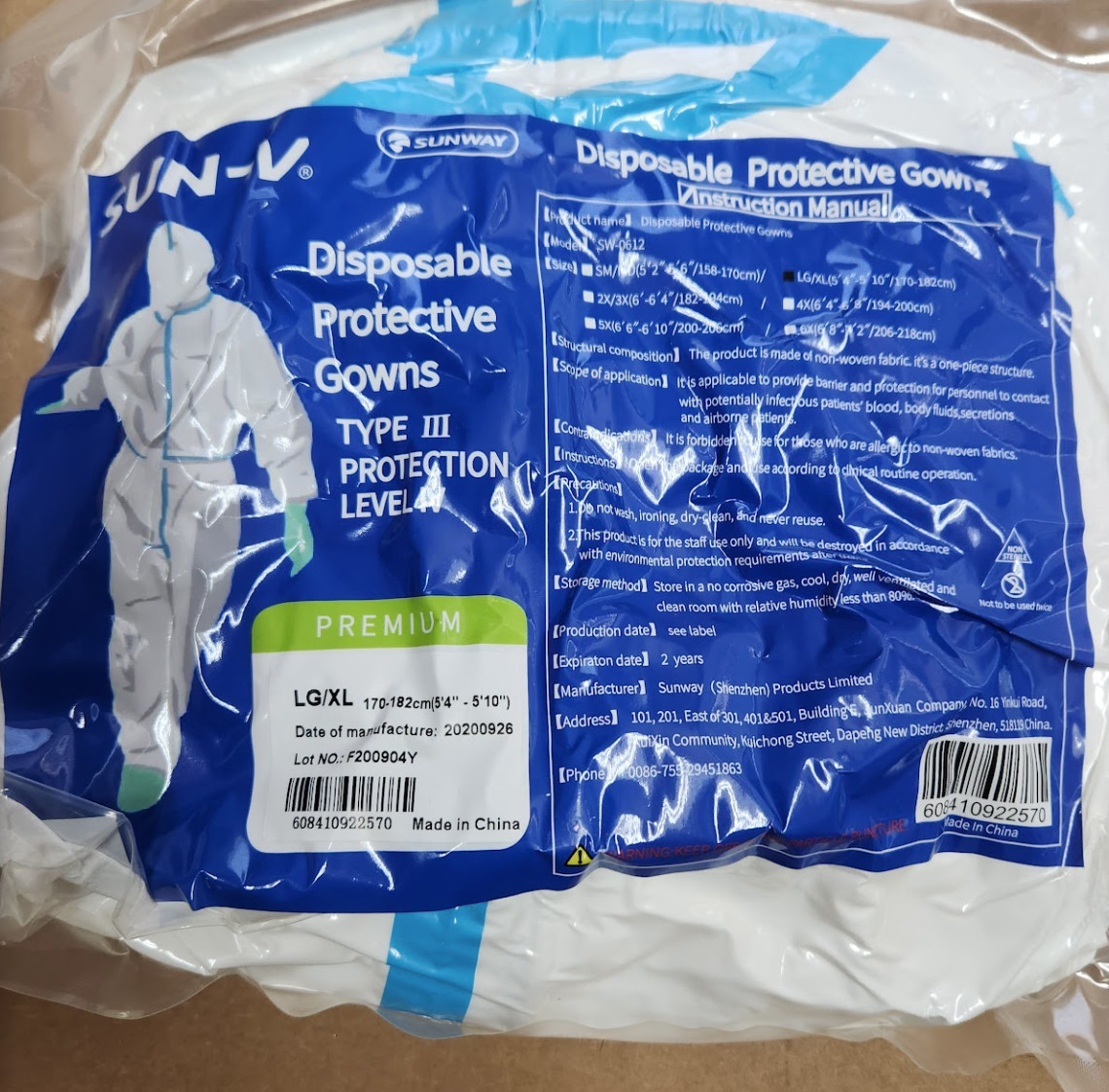 QTY (50) SUN-V Medical Disposable Protective LG/XL Gown Coverall Type III 175cm