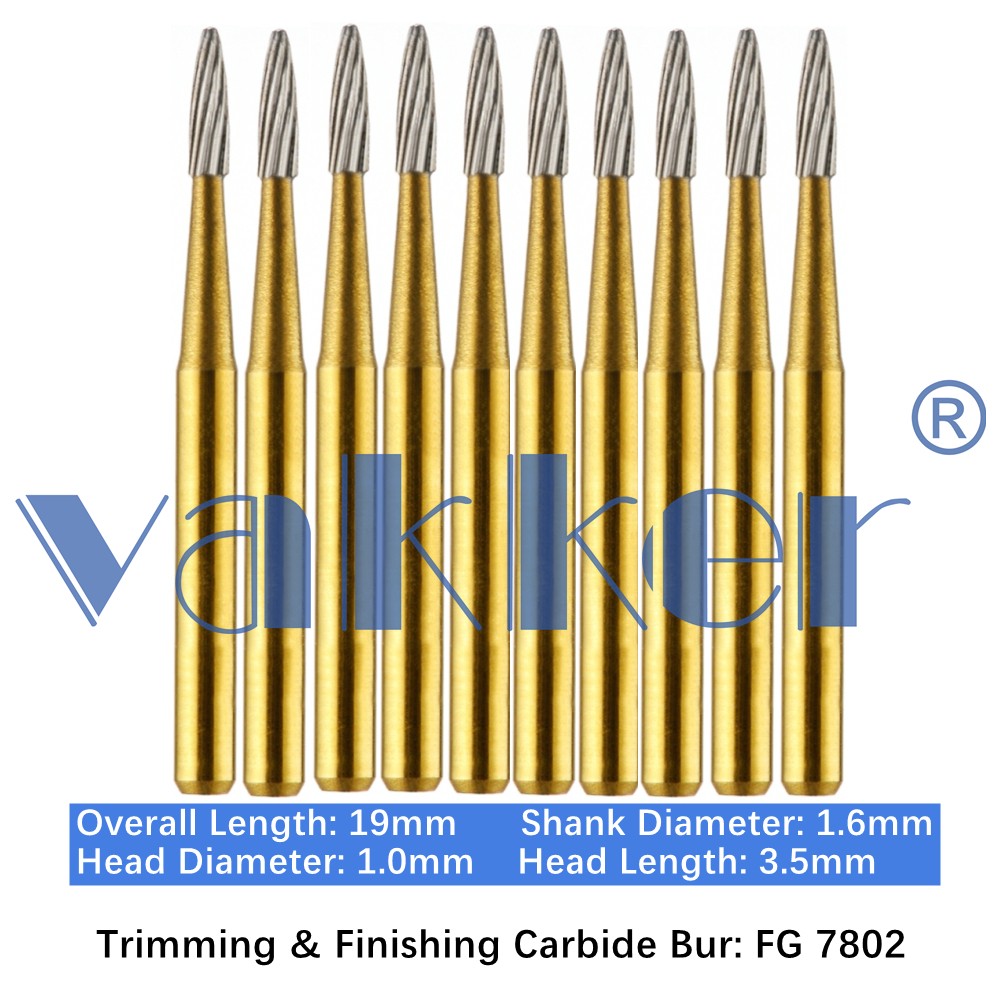 10-100pcs Vakker Dental Trimming Finishing Carbide Burs Gold Burs Bullet FG 7802