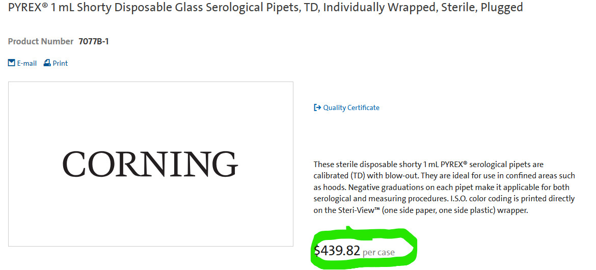 (250) 1mL Corning Pyrex Disposable Shorty Serological Pipet TD, [Z4S3]