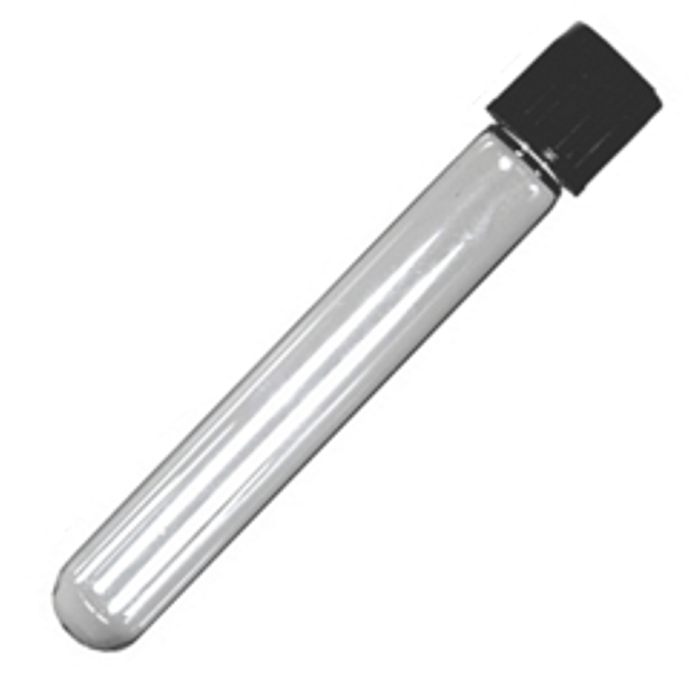 16x150mm, Borosilicate Glass, Flat Btm, 15ml Vol, Black PP Screw Top (Pack 10)