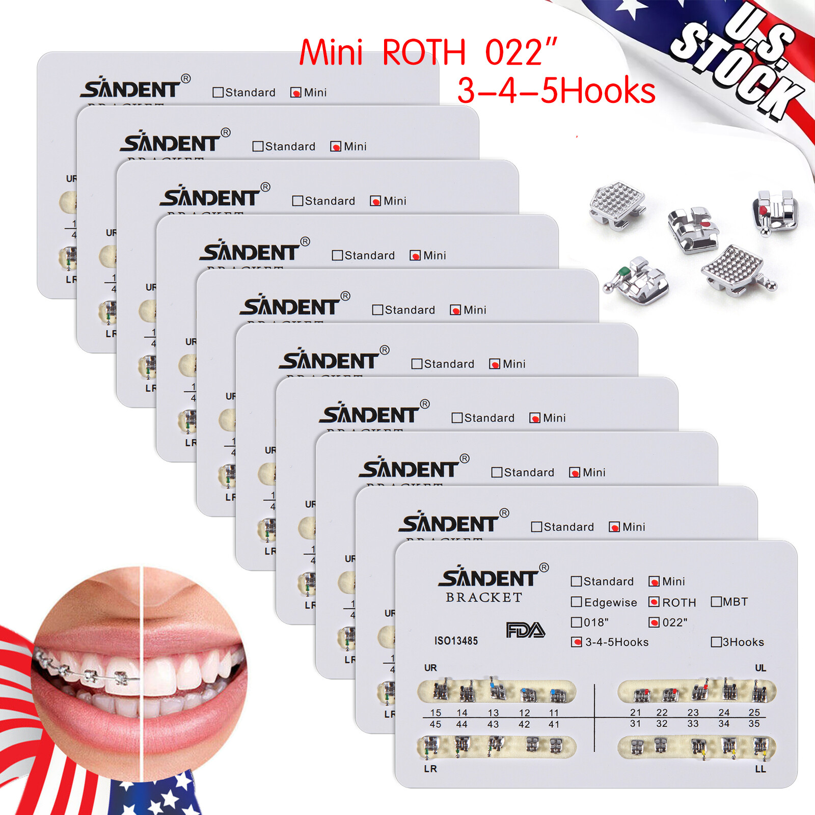 10 Packs Dental Orthodontic Braces Brackets Mini Roth 022″Slot 345 Hooks 200pcs