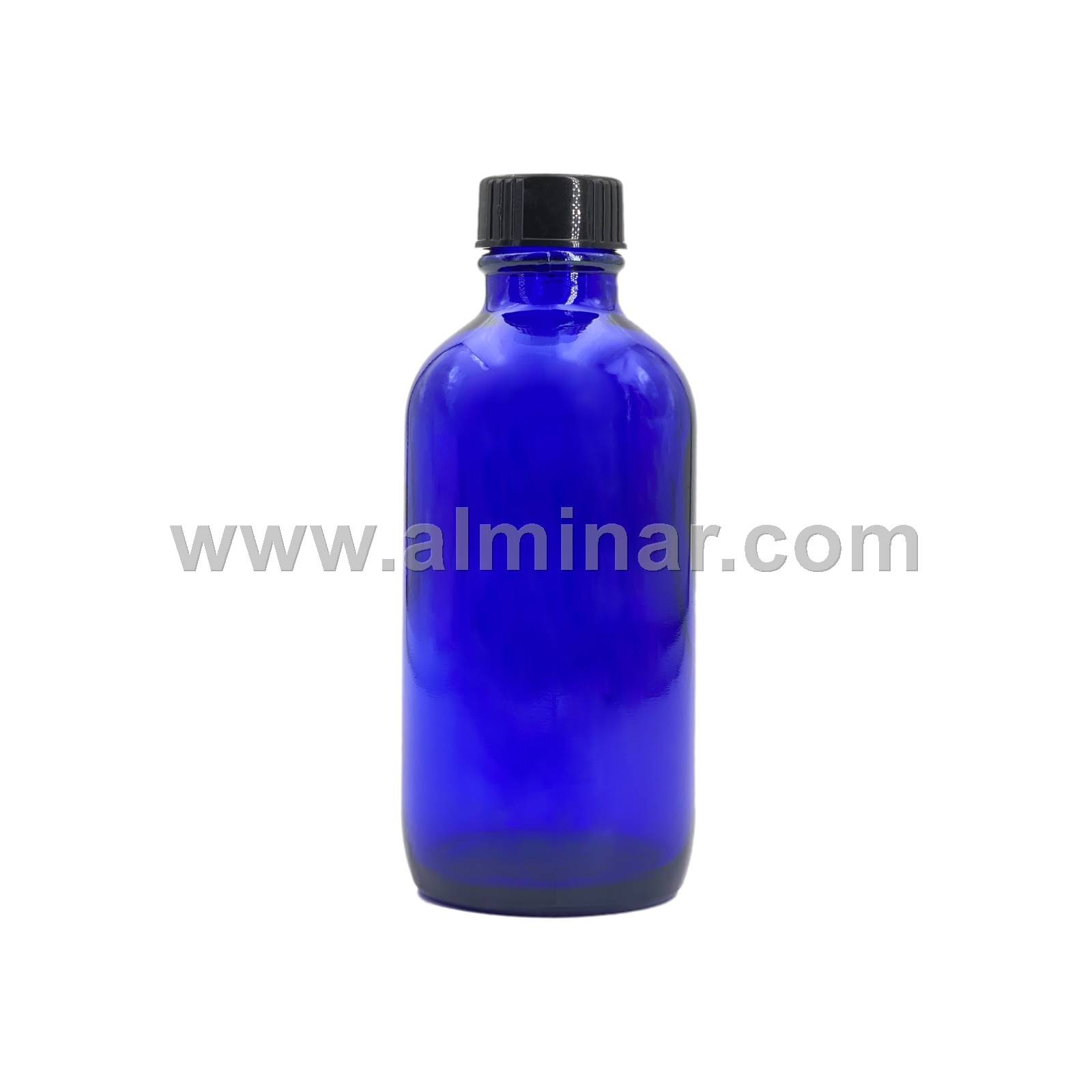 Boston Round 4 oz Cobalt Blue Glass Bottles With Poly Cone Lined Black Caps