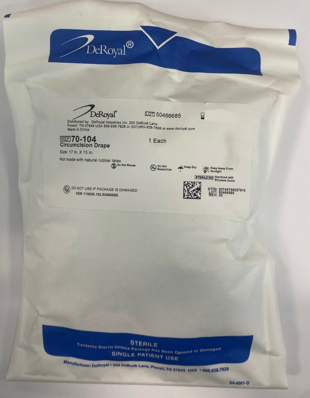 *1-Pack* DeRoyal Circumcision Drape 17″ X 13″ Sterile 70-104