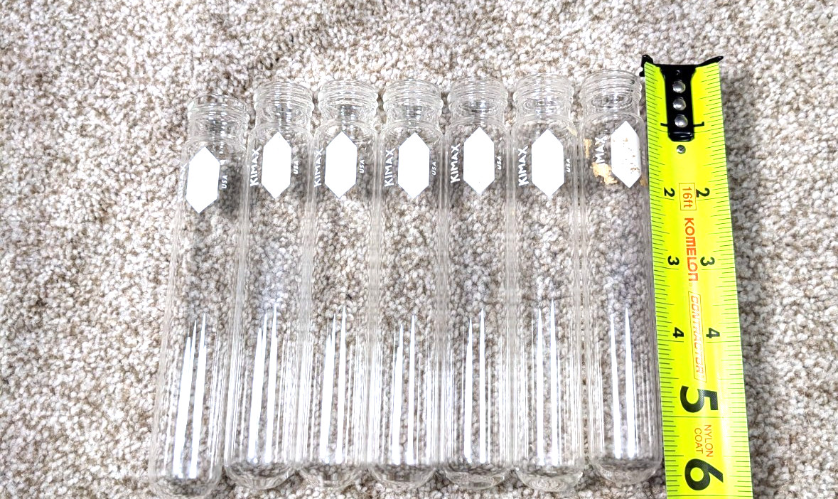 PYREX/ KIMAX 9825 25x150mm CULTURE TUBE 40 Pieces, With Lids, see description