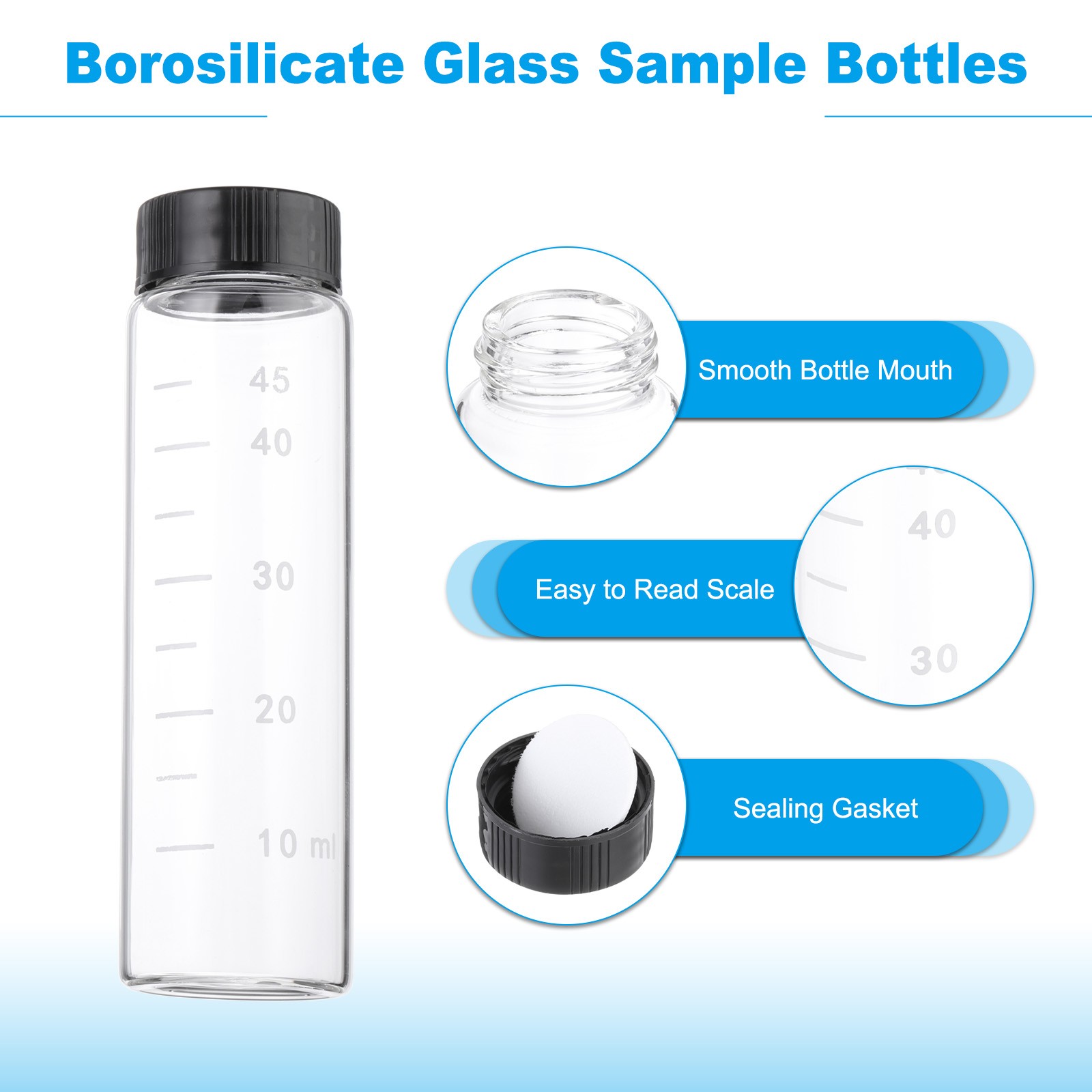 6pcs 50ml Small Clear Glass Vials with Black Screw Cap Glass Graduated