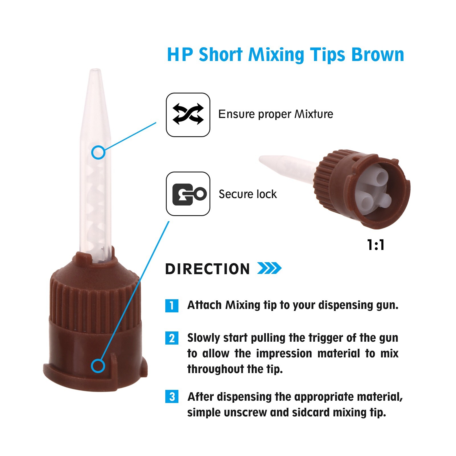 Dental HP Mixing Tips For Temporary Cement Material Brown/White (Short) 1:1 50