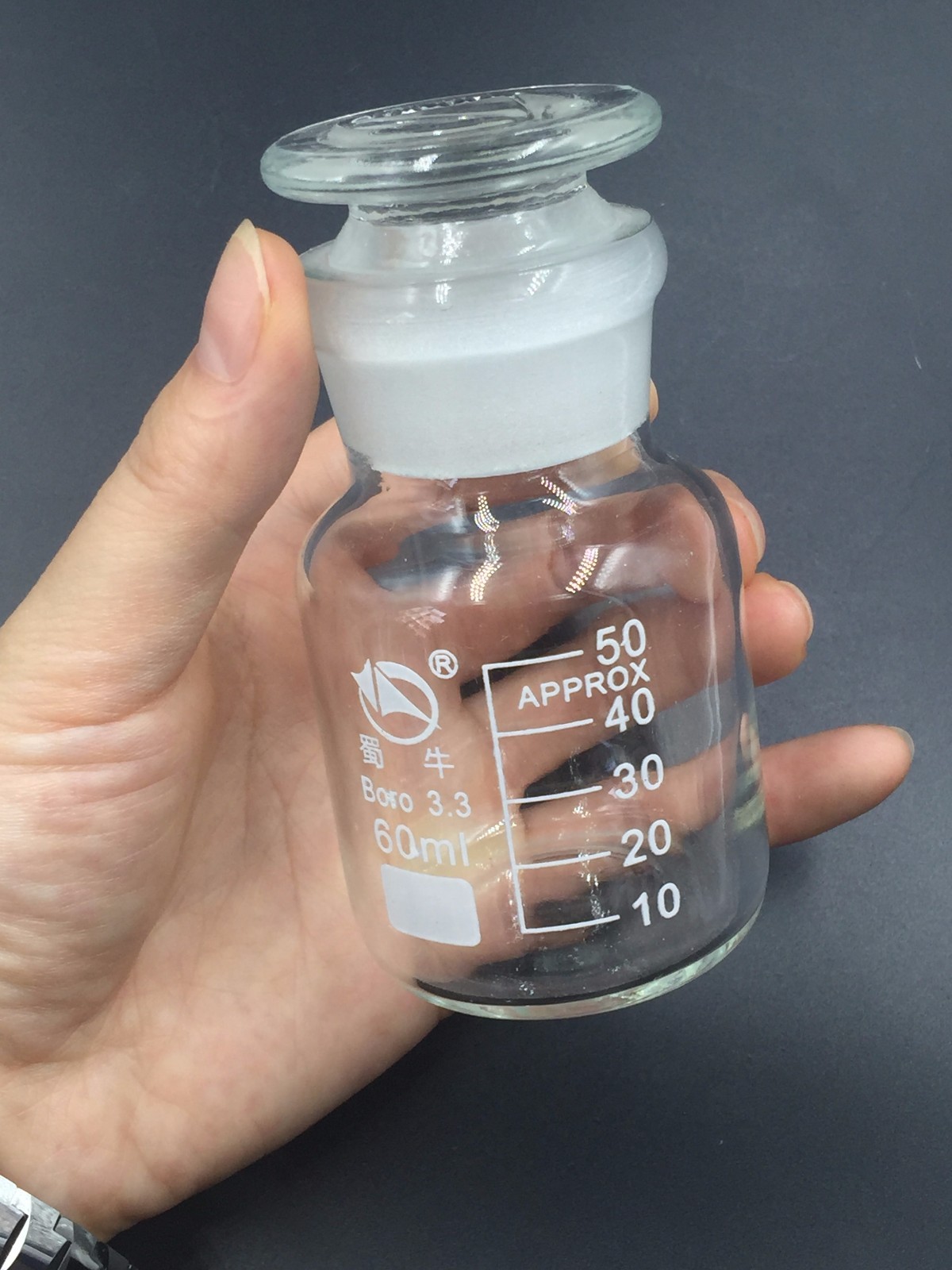 Glass lab reagent bottle wide mouth 60 ml 2 oz ，Ground Glass Stopper New