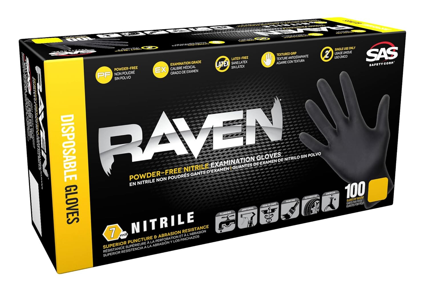 SAS Raven Black Nitrile Gloves Powder Free New 7mil Version (100 Gloves Per Box)