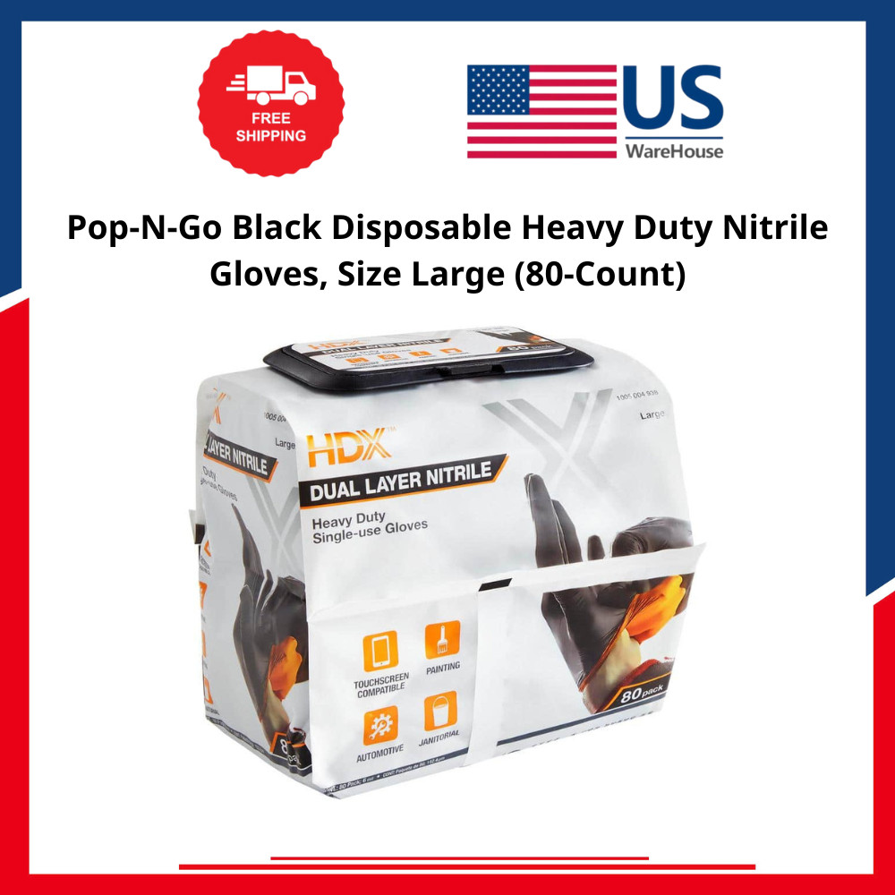 Pop-N-Go Black Disposable Heavy Duty Nitrile Gloves, Size Large (80-Count)