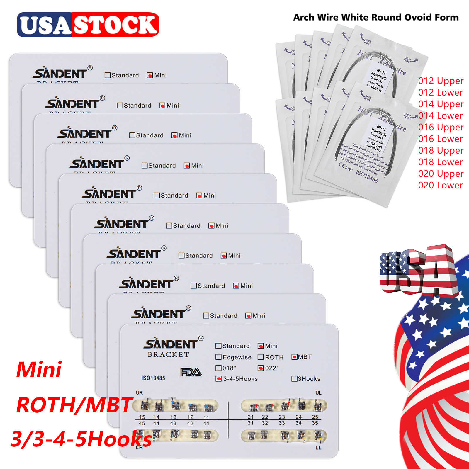 10 packs Dental Ortho Arch Wires Roth/MBT 3/345Hooks Metal Bracket Braces