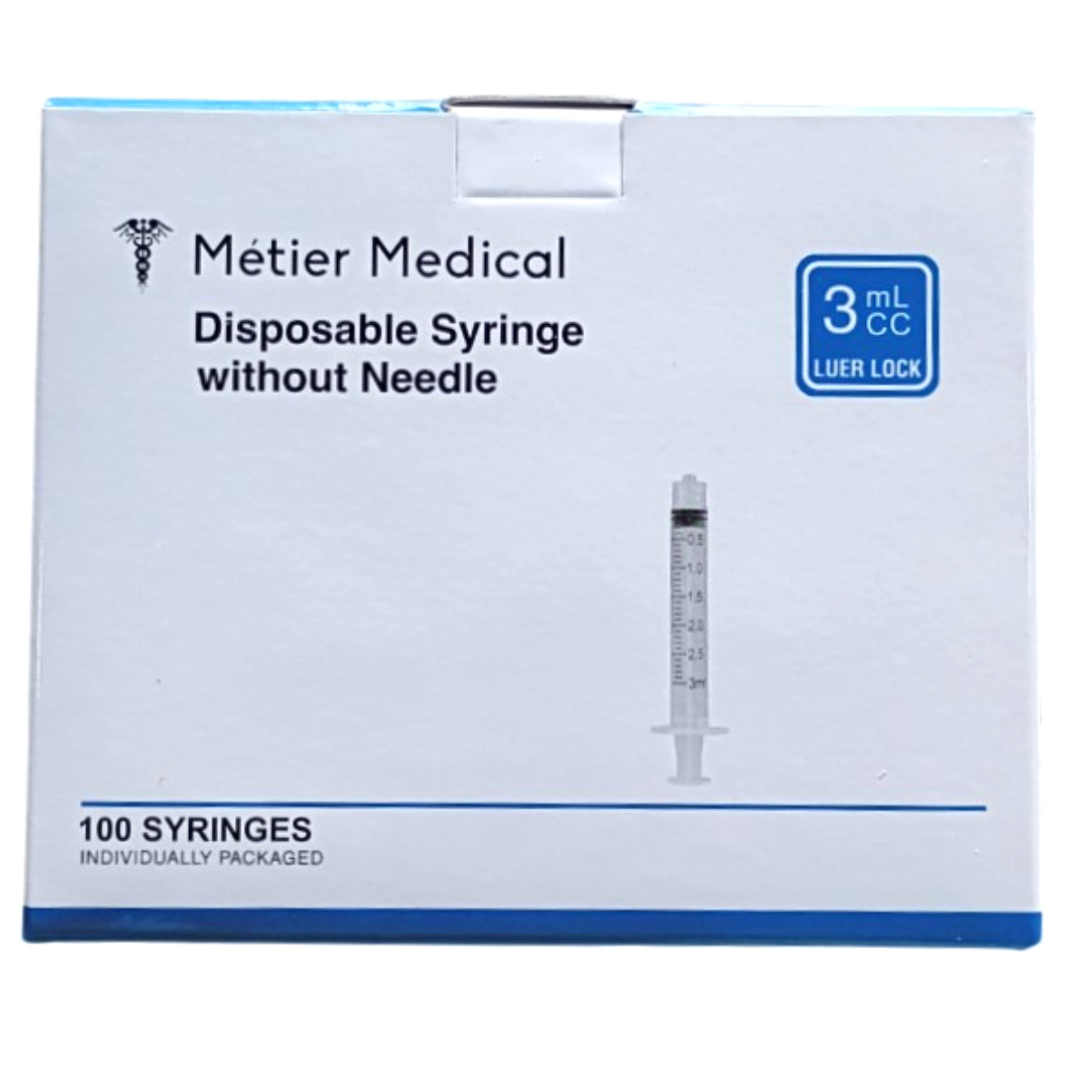 Metier Medical 3 mL/CC Disposable Syringes, No Needles, Luer Lock – Box of 100