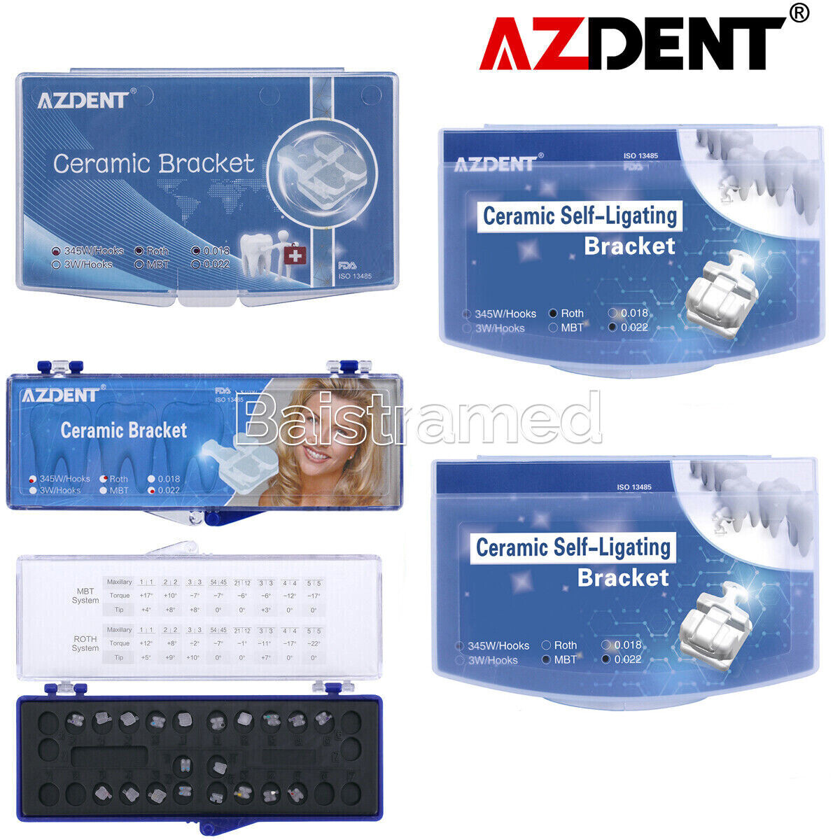 AZDENT Dental Orthodontic Ceramic Braces Bracket Roth MBT 0.018/.022 Hooks 3-4-5