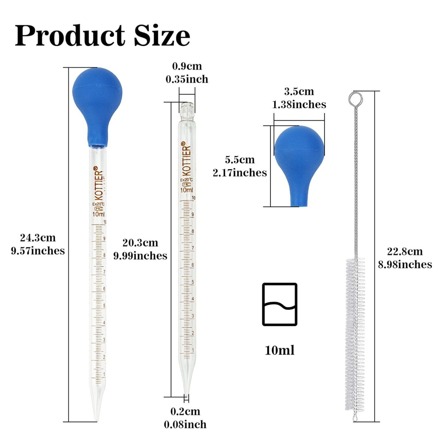 3Pcs 10ml Graduated Liquid Dropper Glass with Rubber Bulb and Cleaning Brush