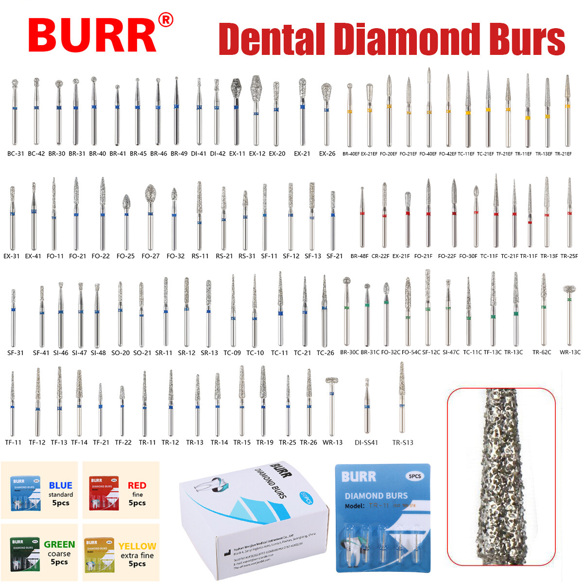 50pcs Dental Diamond Burs FG Round End Taper Pear Football Fine Coarse Grit