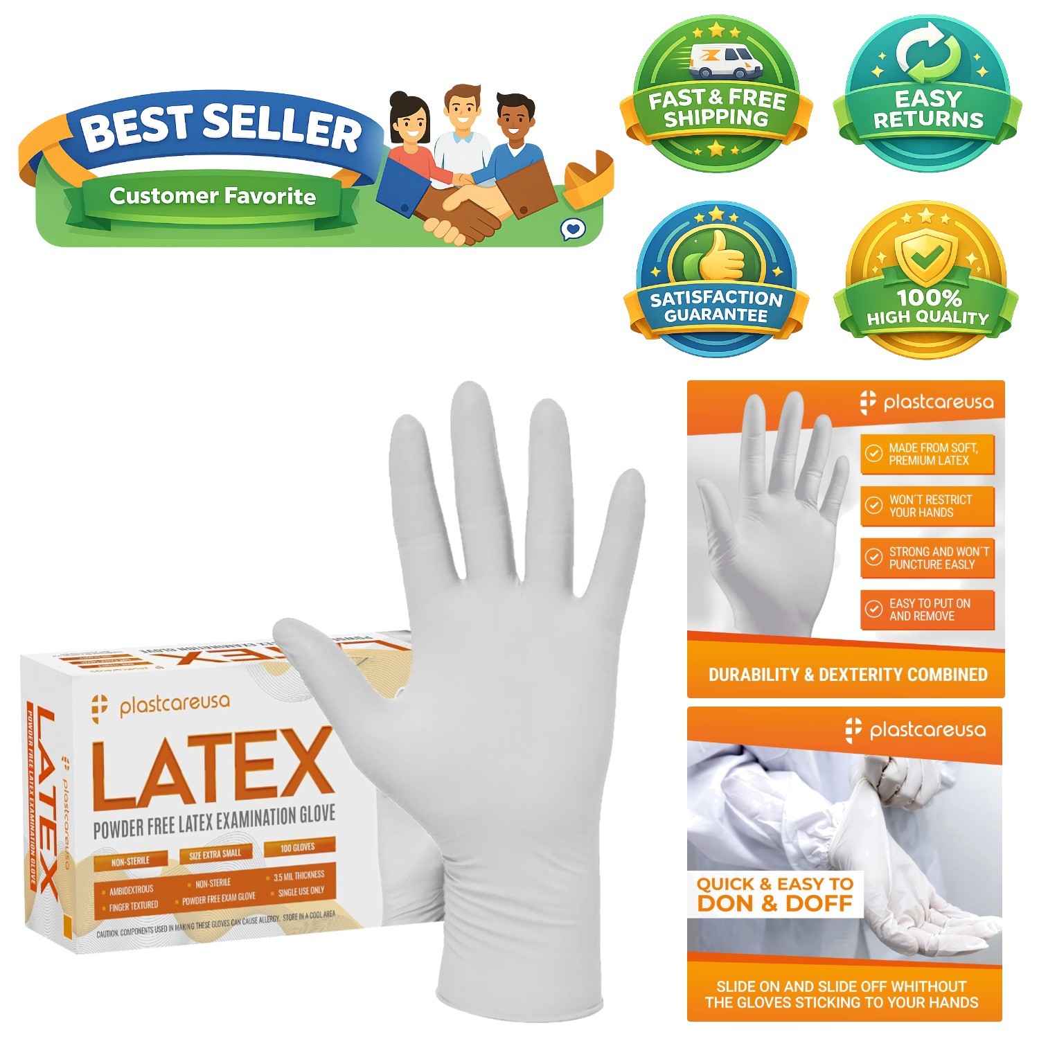 Ambidextrous Powder-Free Latex Exam Gloves: 100/1000 Count with Textured Grip