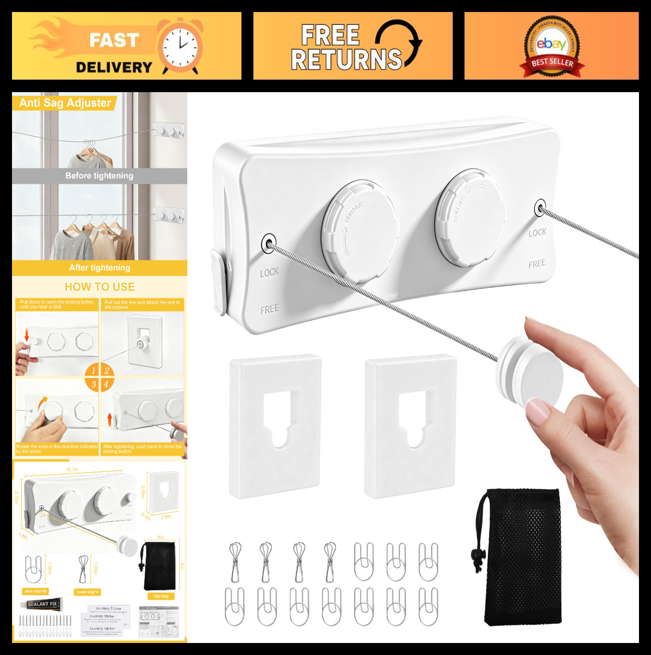 Retractable Clothesline 16.7ft, Heavy Duty Indoor/Outdoor Laundry Drying Line