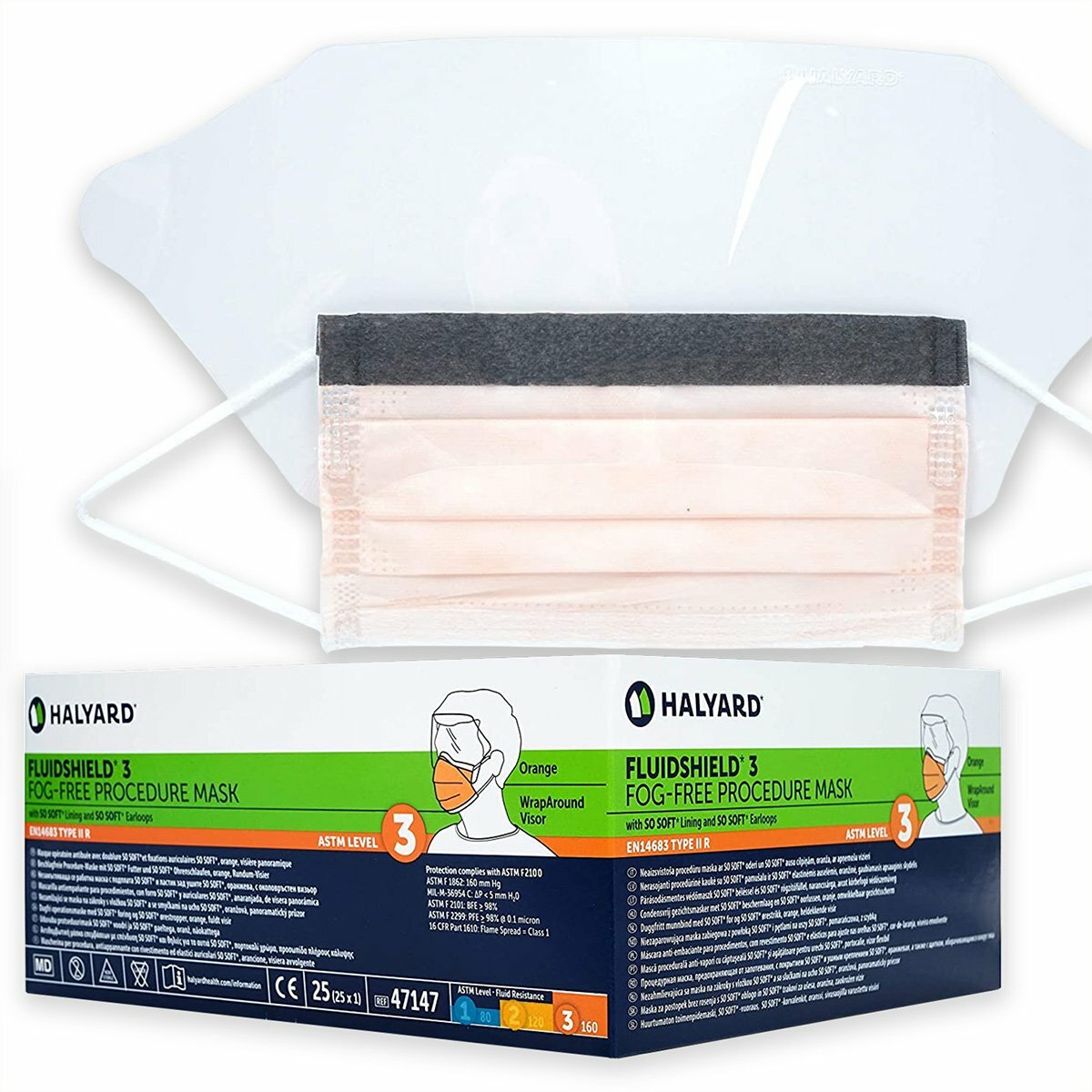*100-Pieces* Halyard FluidShield Level 3 Visor Procedure Face Mask Orange 47147